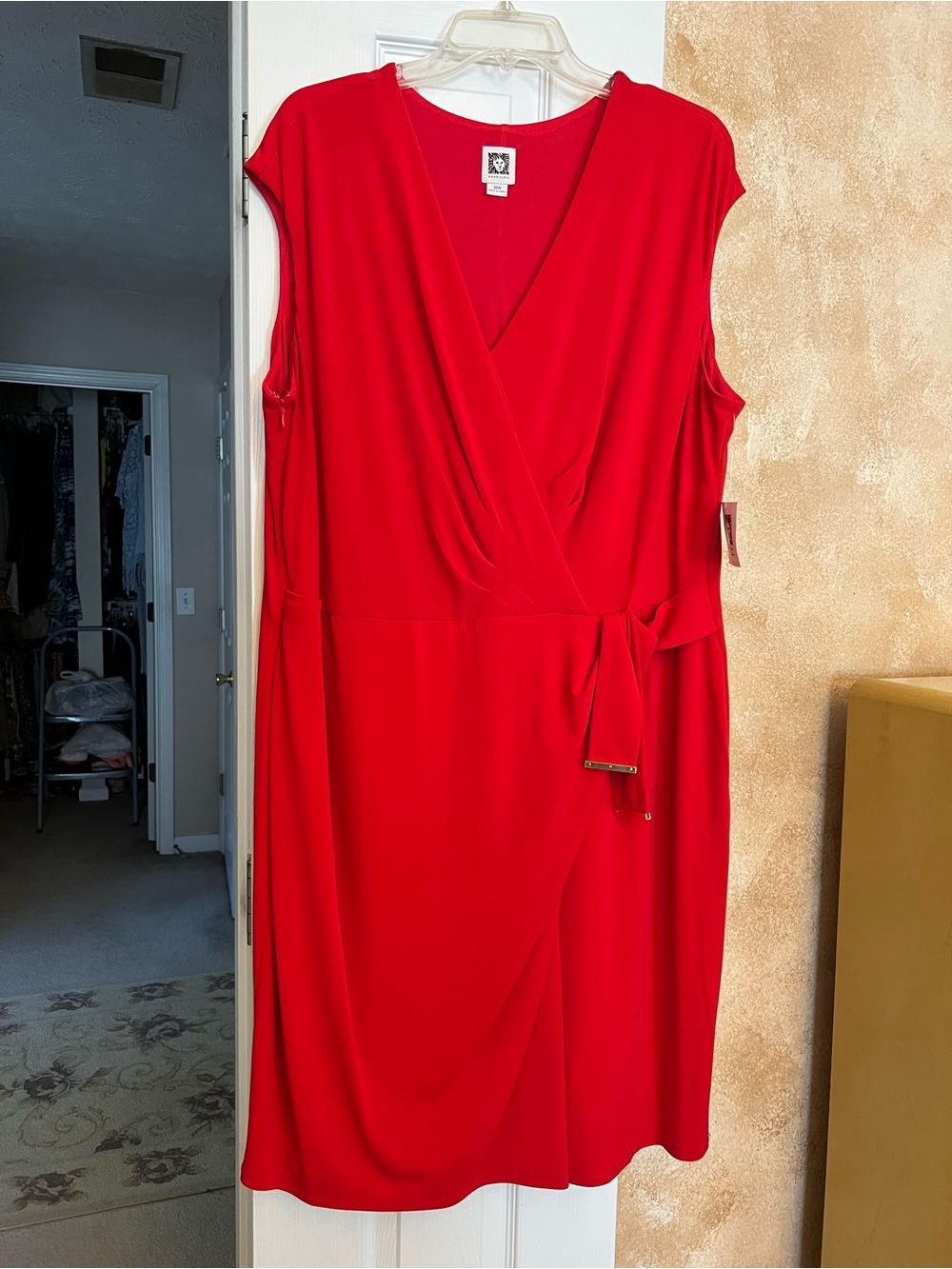 Anne Klein Red Sleeveless V-Neck Wrap Midi Dress